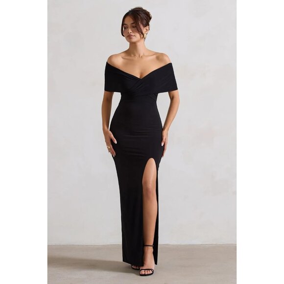 Women's Black Bodycon Off Shoulder Evening Dress Long Formal Ruched Split Hem - Picture 2 of 7